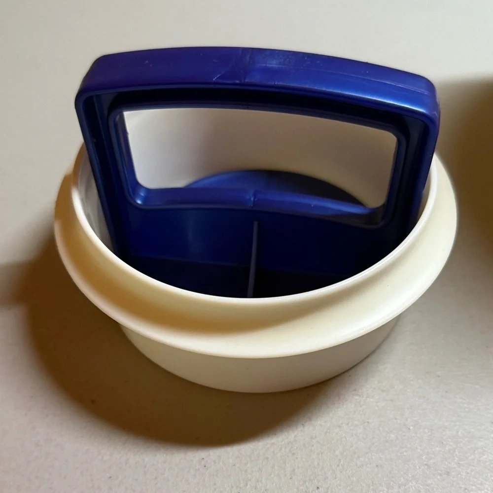 Vintage Cream and Blue Hamburger Press with Storage Set